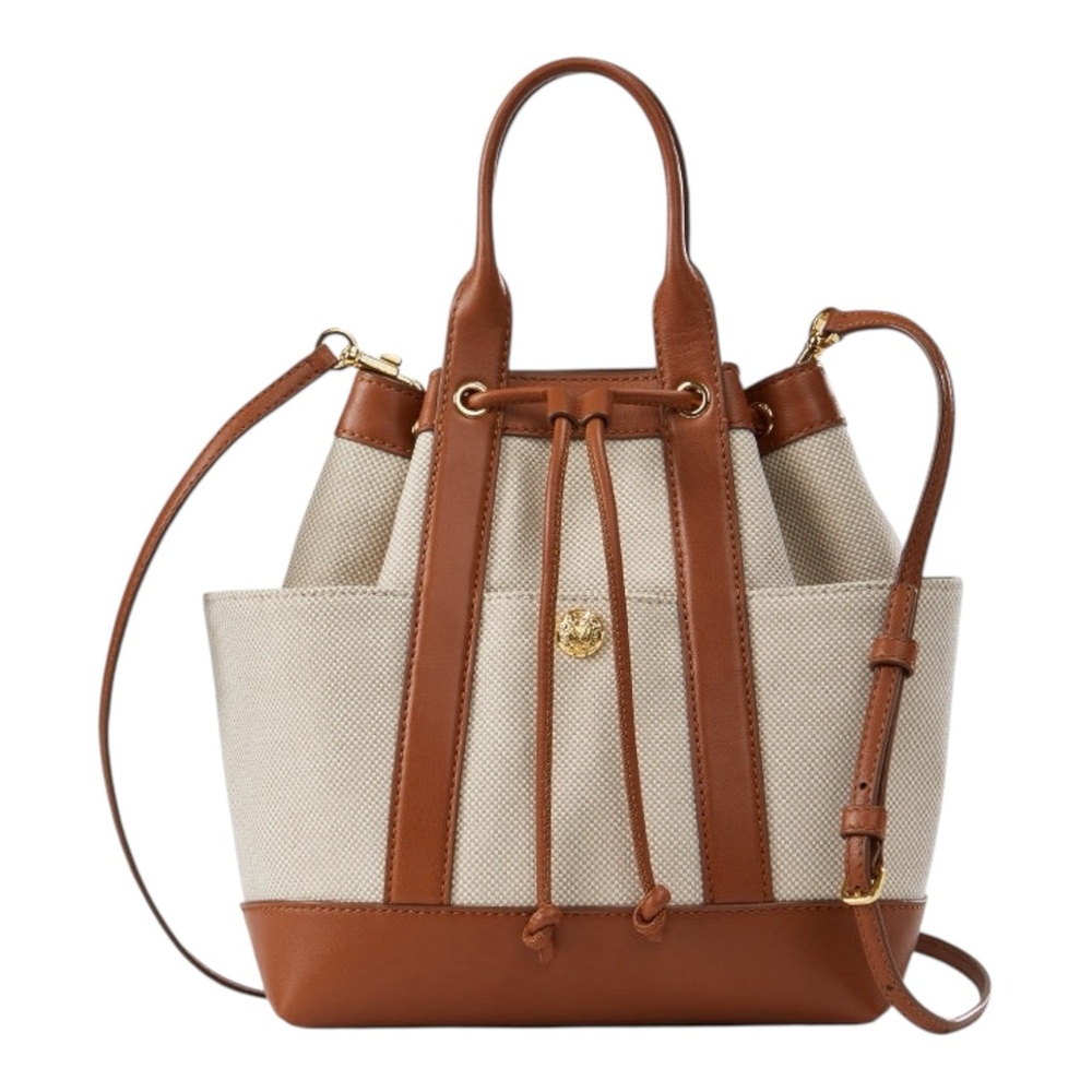 Veronica Beard Goody Bag Canvas Leather Bucket Natural Hazel Neutral Crossbody